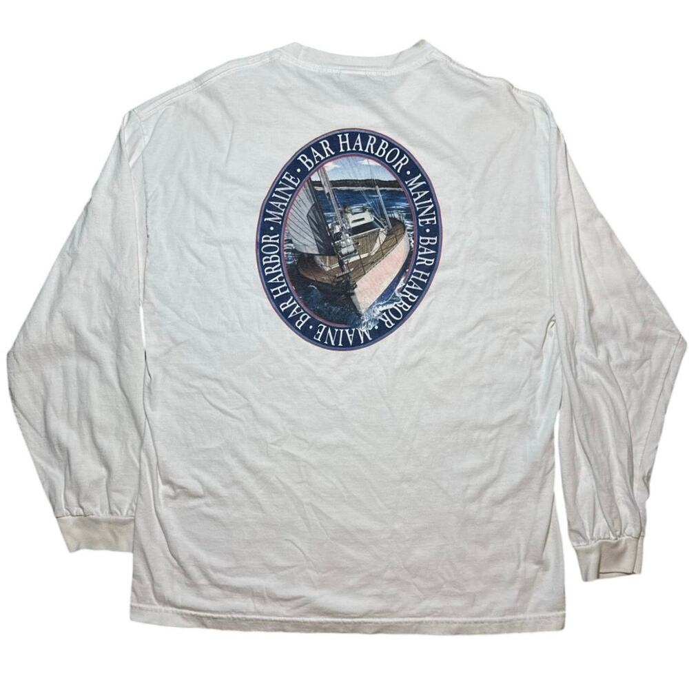 VTG Bar Harbor Maine Long Sleeve Shirt White Sailboat Graphic Pocket XL Alstyle